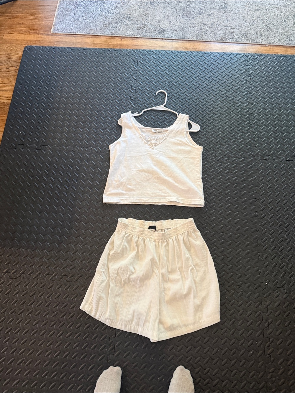 Vintage White Lace-Trim Tank with High-Waist White Shorts